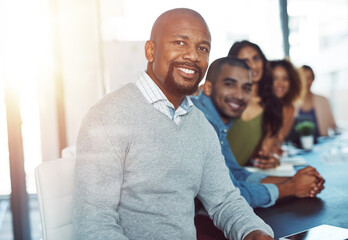 Office, employees and businessman in portrait for meeting, workshop and startup goals by flare....
