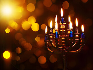 "Tradition Illuminated: A Vibrant Menorah with Lit Candles Celebrating the Spirit of Hanukkah"