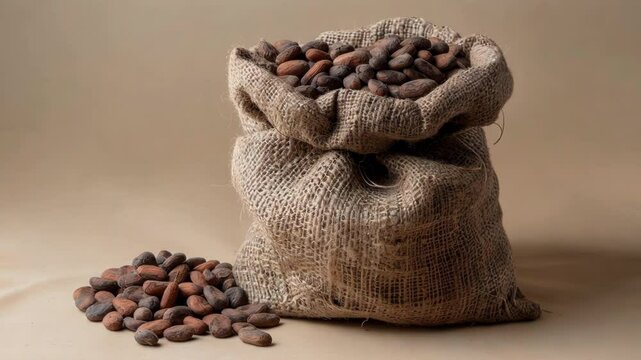 Full burlap sack overflowing with cocoa beans sits on a simple background, perfect for representing the harvest of ingredients for chocolate
