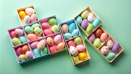 Decoratively arranged Easter eggs in colorful boxes on a vibrant background, celebrating spring festivities with joy