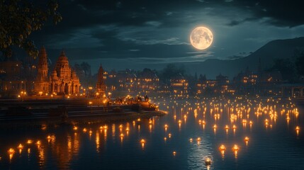 A city with a large moon in the sky