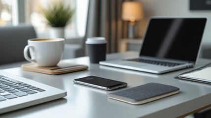 Fototapeta premium Smartphone and laptop on a desk.