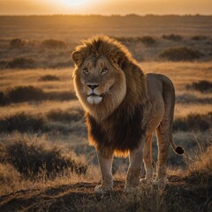 A majestic lion standing atop a hill, with the morning sun rising behind him.  