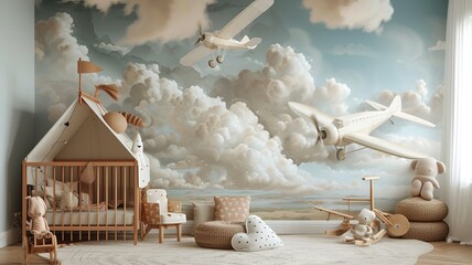 AI generated image. A decorative, colorful baby room with a modern pattern and special wall decor