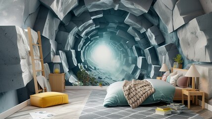 AI generated image. A decorative, colorful baby room with a modern pattern and special wall decor