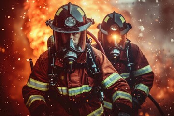 Naklejka premium Two Firefighters in Full Gear Battle Intense Blaze, Courage and Sacrifice Amidst Smoke and Flames