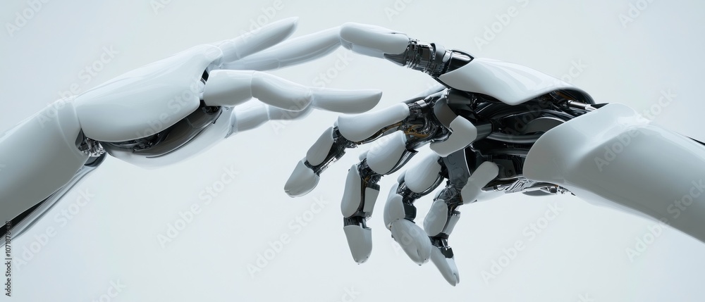 Poster a close-up of two robotic hands reaching towards each other, symbolizing connection and technology.