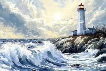 Lighthouse with Waves Crashing Dramatically at Sunset