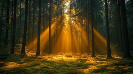 Fototapeta premium Golden sunlight beams through trees.