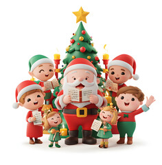 Fototapeta premium Santa and Elves Singing by Christmas Tree 
