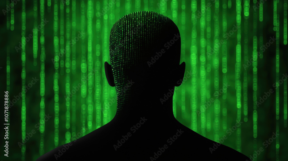 Poster silhouette of human figure with glowing binary code against green background, symbolizing digital tr