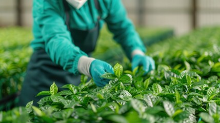 Naklejka premium A farmer in protective gear carefully picks green leaves in a greenhouse, showcasing sustainable agriculture and plant care.