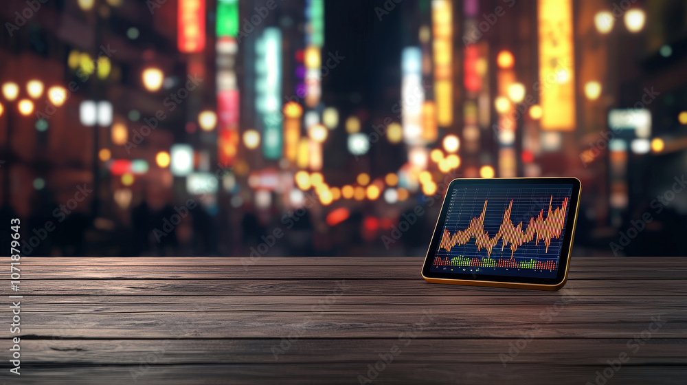 Poster digital tablet displaying business chart on wooden table, with blurred bokeh background of city ligh
