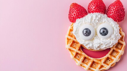 Delight breakfast with a fun and creative waffle face decorated with strawberries and cream