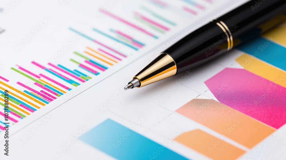 Poster pen rests on colorful financial charts and graphs, symbolizing analysis and decision making in busin