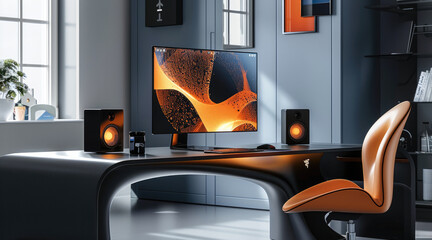 Modern workspace featuring a sleek black desk with subtle, abstract patterns in warm orange and cool blue tones, with the glossy surface. On the desk sits a minimalist computer monitor.