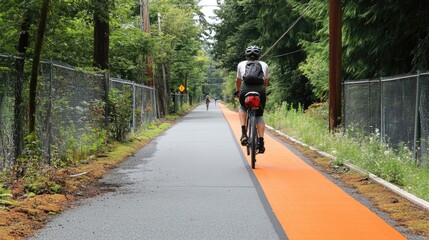Naklejka premium Cyclist Riding on an Orange Bike Path Surrounded by Lush Green Trees and Foliage in a Peaceful Outdoor Setting