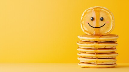Delight morning with smiley pancakes stacked high and drizzled in sweet syrup for a perfect start
