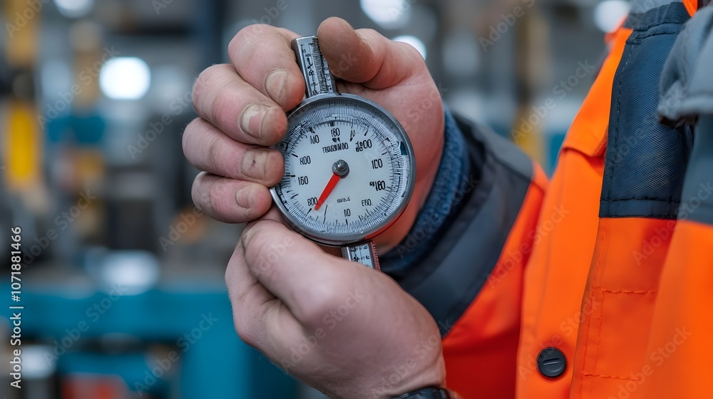 Poster closeup view of a mechanical technician using a precision caliper to measure and inspect the compone