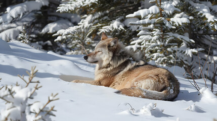 A wolf resting under snow-covered pine trees