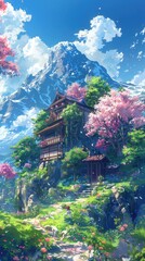 Fototapeta premium A serene landscape featuring a traditional house surrounded by cherry blossoms and mountains.