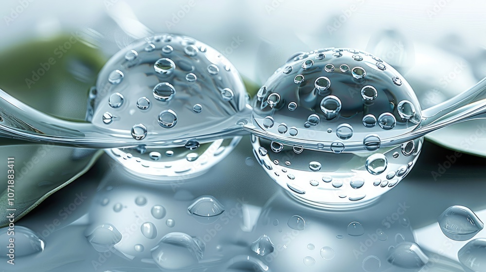 Poster White background, glass material with transparent water droplets on the surface of three-dimensional circles connected by metal frames in a geometric pattern.