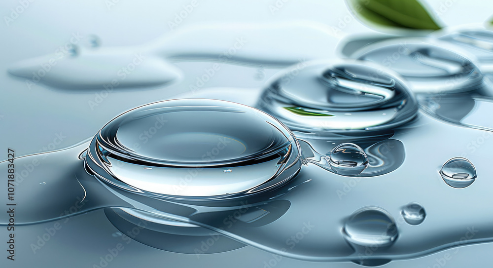 Poster White background, glass material with transparent water droplets on the surface of three-dimensional circles connected by metal frames in a geometric pattern.