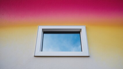 Fototapeta premium Exterior wall with a bright pink and yellow color scheme featuring a single window.