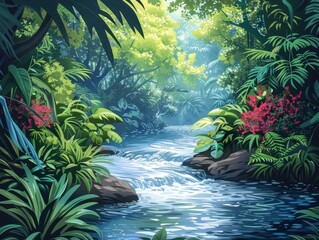 A serene jungle scene featuring a flowing stream and lush greenery.