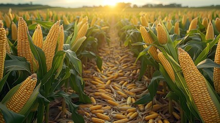 Obraz premium Corn cobs in a corn plantation field with bright green leaves and golden kernels.