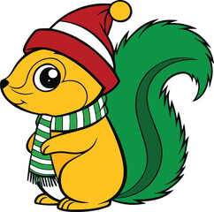 A cute squirrel wearing a Santa clause hat and scarf on white background