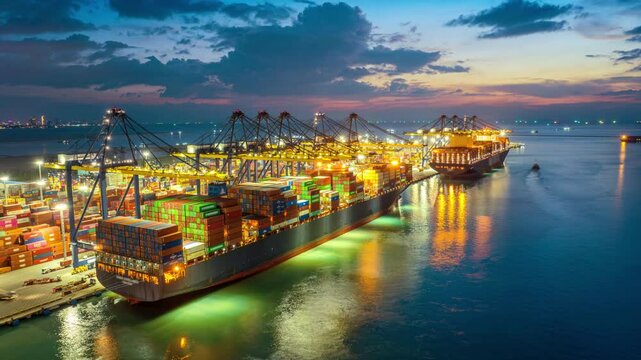 Time lapse of Container ship loading and unloading in port.