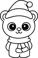 vector silhouette Outline of A cute bear cub wearing a Santa clause hat and scarf on white background