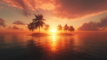 A small island with palm trees silhouetted against a fiery sunset over the ocean.