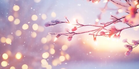 Pink cherry blossoms blooming on snowcovered branch, contrasting vibrant petals against crisp white snow.