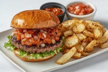 Fresh Burger with Toppings on a White Plate