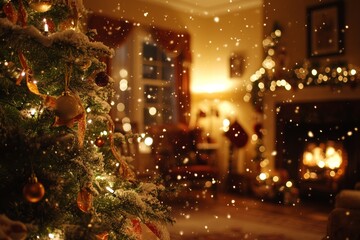 Snowcovered Christmas tree adorned with twinkling lights, set against serene winter backdrop, evoking festive holiday spirit.