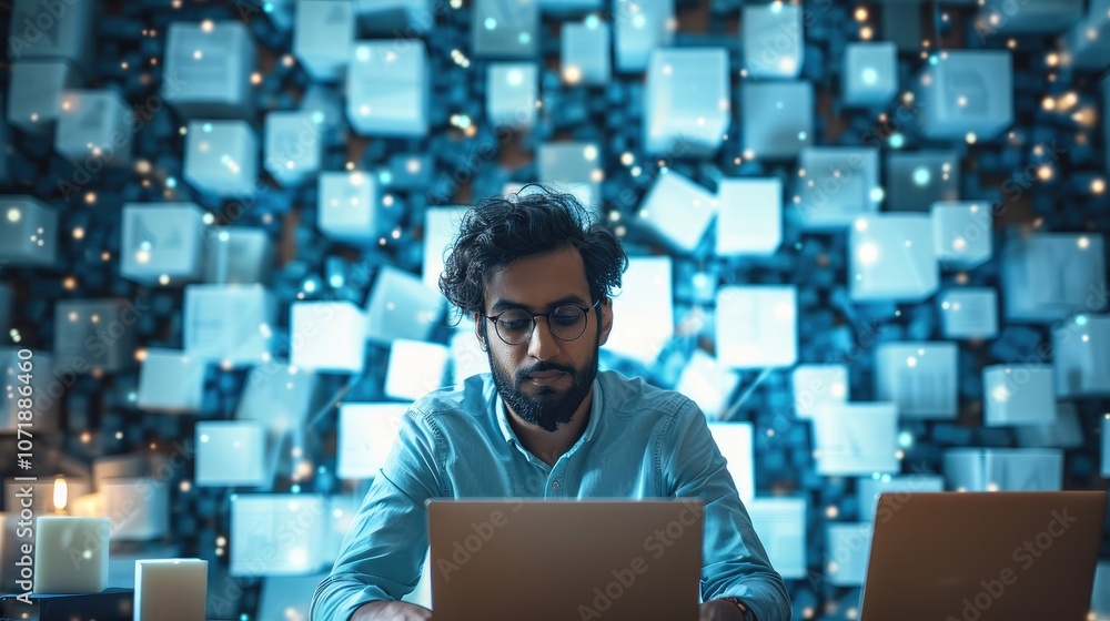 Poster an indian man sitting at a desk while working on a laptop. behind him is plethora of blue cubes eman