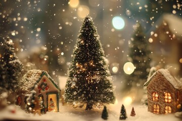 Obraz premium Festive small Christmas tree adorned with colorful ornaments, twinkling lights, golden star on top, set against cozy backdrop.