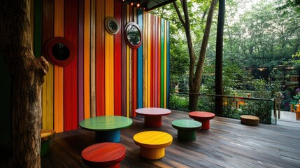 Brightly Colored Furniture and Vibrant Wall Design in a Natural Outdoor Setting Perfect for Relaxation and Leisure Activities in an Urban Garden
