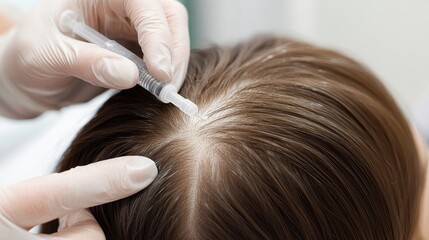 Fototapeta premium Close-Up of a Healthcare Professional Performing a Scalp Injection Procedure for Hair Restoration on a Patient with Brown Hair in a Clinical Setting