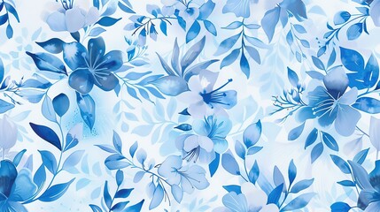 Fototapeta premium Elegant Blue Watercolor Background with Plants and Flowers - a serene and artistic visual. The blue watercolor design evokes a calm and natural scene