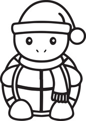 silhouette Outline of A cute turtle wearing a Santa clause hat and scarf on white background 