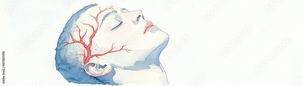 Poster an artistic illustration of a human head with visible vascular structures, emphasizing the intricate