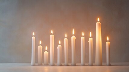 Row of burning candles in various sizes illuminating serene environment