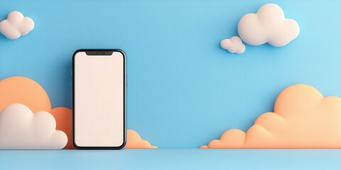 A modern smartphone surrounded by playful, colorful clouds against a bright blue background.