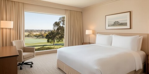 A serene hotel room with a view, perfect for relaxation and comfort.