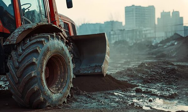 A close-up of a tractor on a muddy construction site, showcasing its large tire and bucket, indicating ongoing earth-moving work in an urban environment.