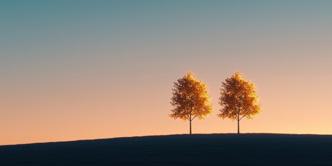 A serene landscape features two golden trees silhouetted against a gradient sunset sky.