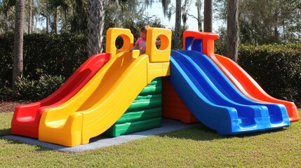 Brightly Colored Plastic Slides Set in Outdoor Playground for Children Featuring Two Slides and Fun Climbing Areas Surrounded by Lush Greenery